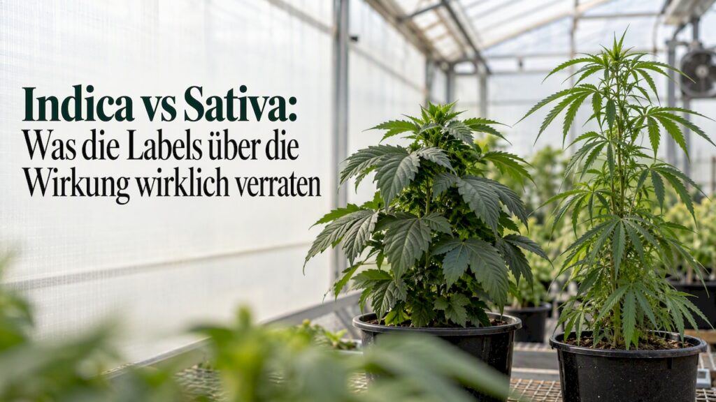Cannabispflanzen mit breiten und schmalen Blättern im Gewächshaus