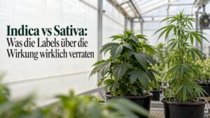 Cannabispflanzen mit breiten und schmalen Blättern im Gewächshaus