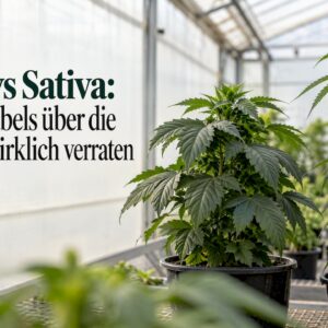 Cannabispflanzen mit breiten und schmalen Blättern im Gewächshaus