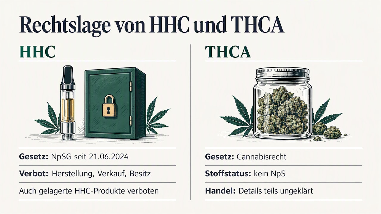 Rechtslage in Deutschland: HHC verboten, THCA anders eingeordnet — overview diagram