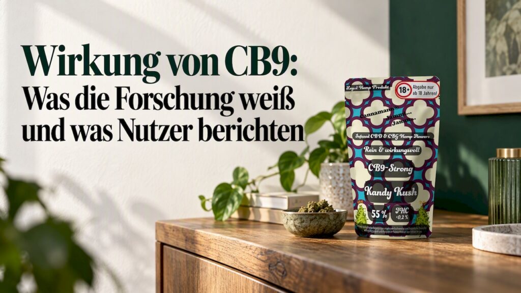 CB9-Blütenprodukt auf einem schlichten Sideboard im Wohnzimmer