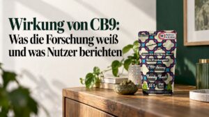 CB9-Blütenprodukt auf einem schlichten Sideboard im Wohnzimmer